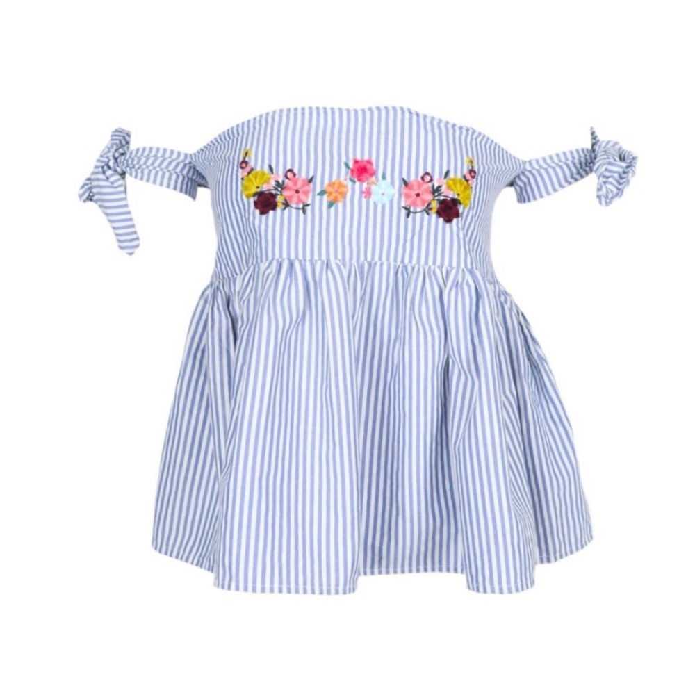 Zara Pinstripe Off-Shoulder Top with Floral Embroidery